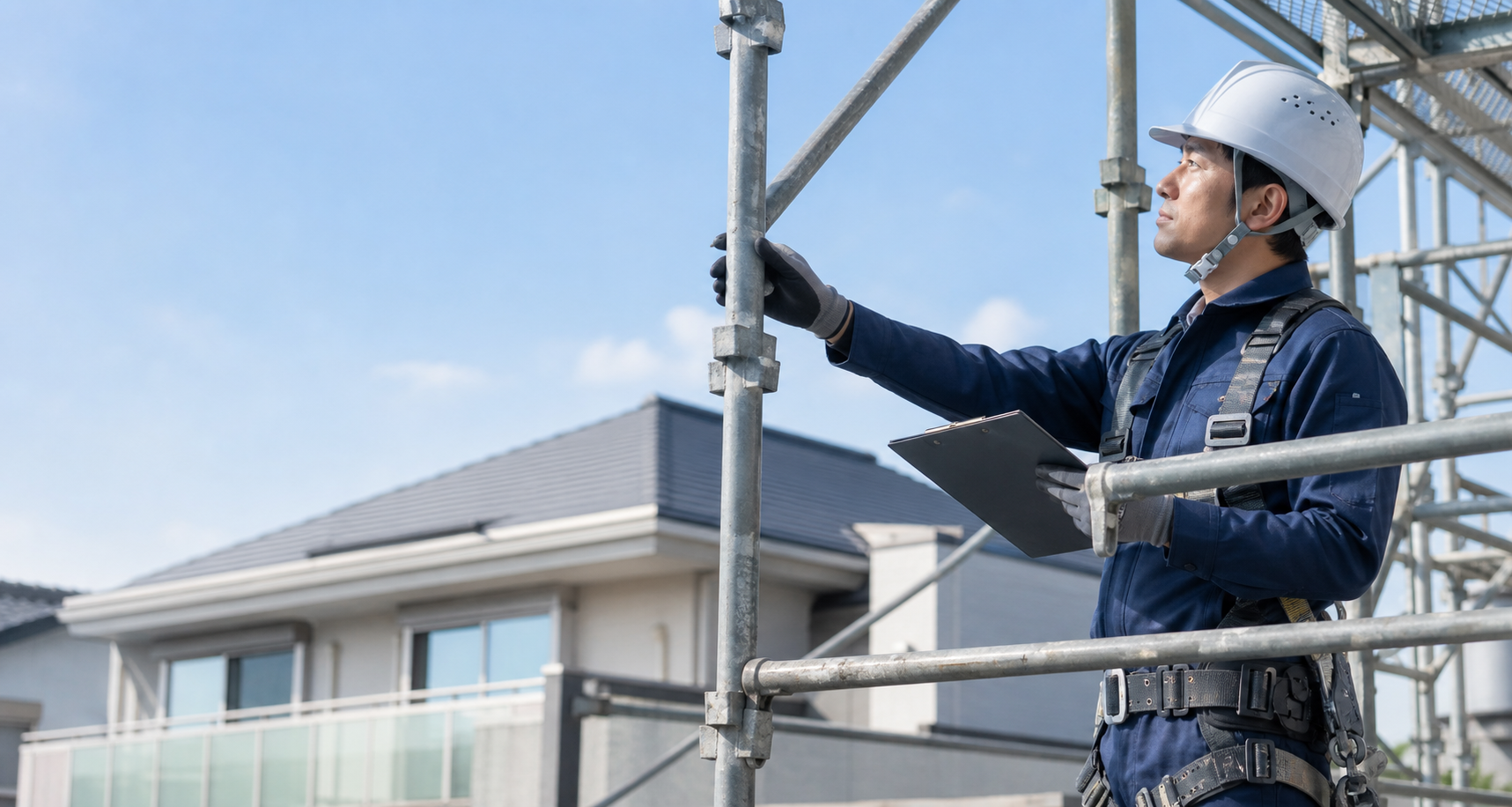 住宅の外壁に組まれた足場の上で作業する、安全帯を装着した職人